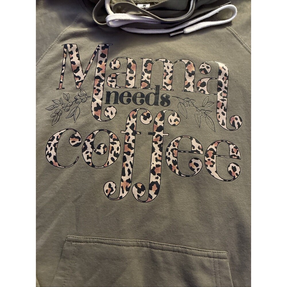 Women’s Small MOMMA NEEDS COFFEE Hoodie Sweatshirt Animal Print Lettering